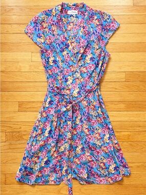 Storia Blue Floral Wrap Midi Dress with Pink & Yellow Accents